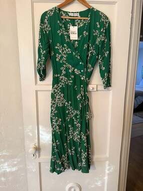 Faithfull the Brand Anne Marie Green Floral Print Wrap Midi Dress